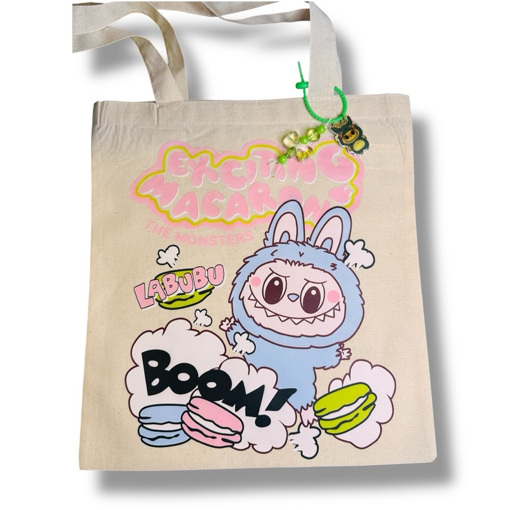 Labubu Exciting Macaron canvas tote bag with charms